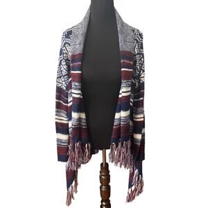 Cozy Boho Southwest Fringe Cardigan Sweater Open Front Waterfall Hem‎ Blue Red L
